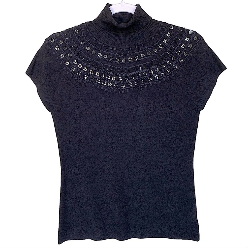 𝅺TAPE Measure Black Wool Blend Short Sleeve Sequin Trim Sweater Size Small